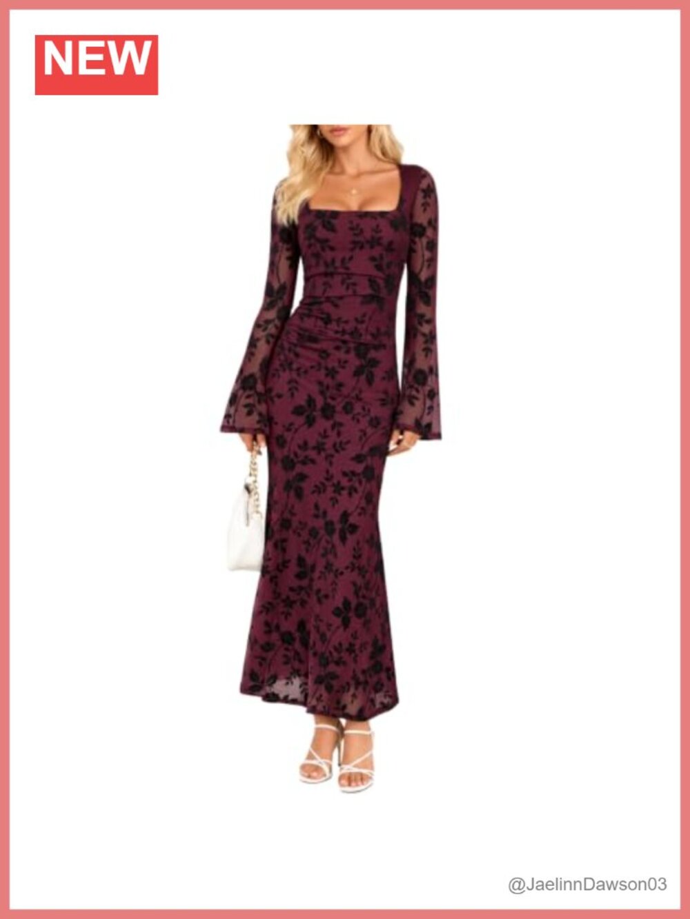 Floral Bodycon Maxi Dress Square Neck Bell Long Sleeve Mesh Wedding Guest